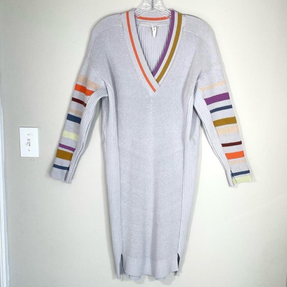 Daily Practice Ribbed Sweater Dress – Gray w/ Multicolor Stripe Trim - Picture 2 of 8